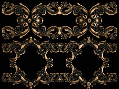 Bronz süs siyah bir arka plan. İzole. 3D çizim