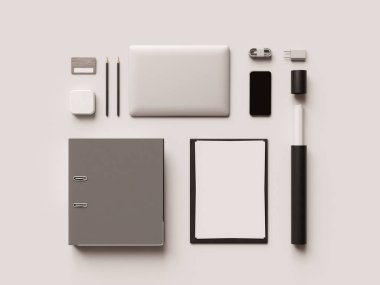 Kadar sahte marka. Ofis, banka donatımı, becerikli alet. 3D çizim. Yüksek kalite