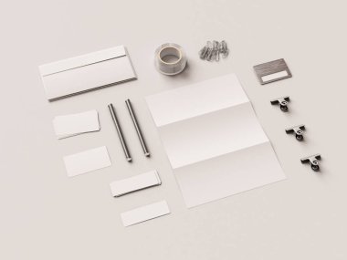 Kadar sahte marka. Ofis, banka donatımı, becerikli alet. 3D çizim. Yüksek kalite