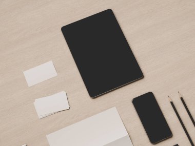 Kadar sahte marka. Ofis, banka donatımı, becerikli alet. 3D çizim. Yüksek kalite