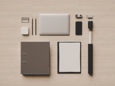 Kadar sahte marka. Ofis, banka donatımı, becerikli alet. 3D çizim. Yüksek kalite