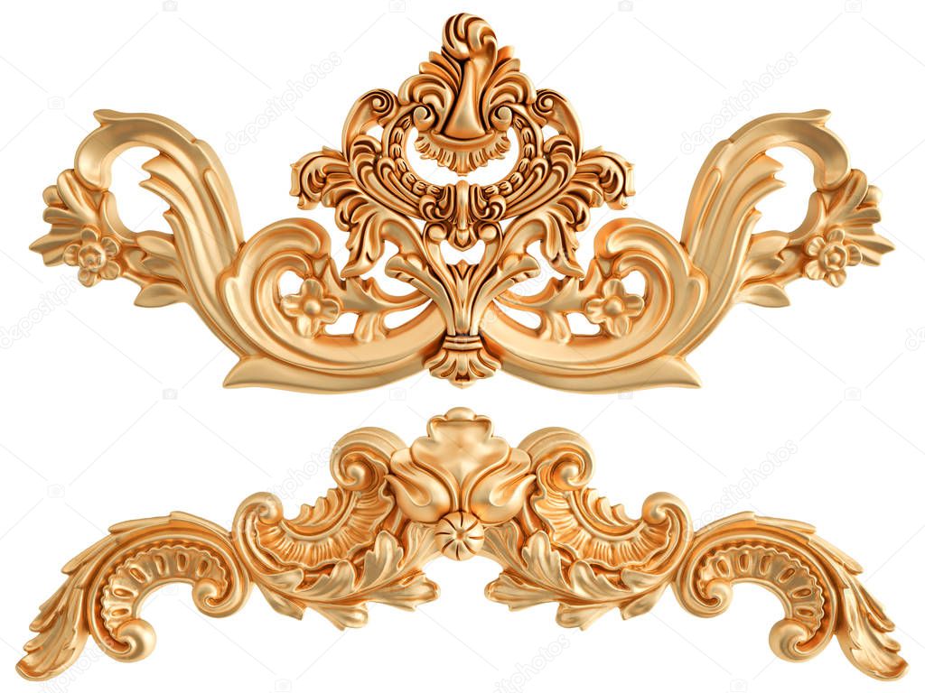 Gold ornament on a white background. Isolated. 3D illustration