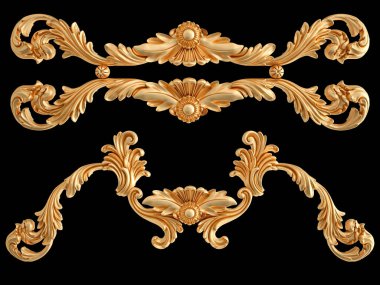 Siyah bir zemin üzerine altın süs. İzole. 3D çizim