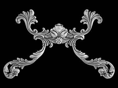 Siyah bir arka plan üzerinde krom süsleme. İzole. 3D çizim