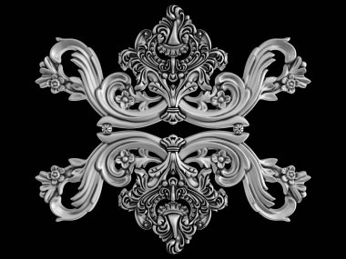 Siyah bir arka plan üzerinde krom süsleme. İzole. 3D çizim