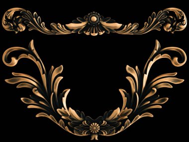 Bronz süs siyah bir arka plan. İzole. 3D çizim