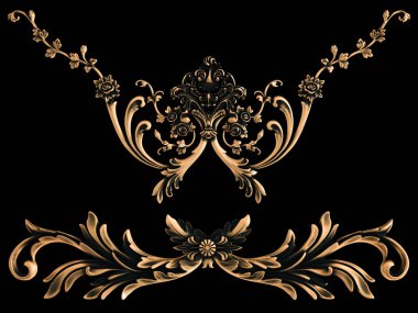 Bronz süs siyah bir arka plan. İzole. 3D çizim