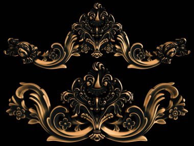 Bronz süs siyah bir arka plan. İzole. 3D çizim