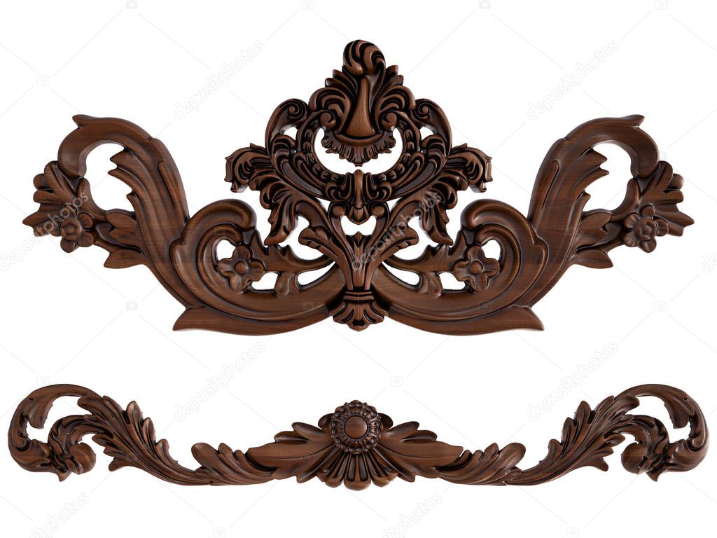 Wood ornament on a white background. Isolated. 3D illustration