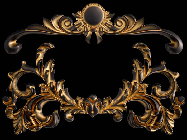 Ornamento nero con patina d'oro su sfondo nero. Isolato — Foto Stock