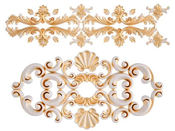 Wit ornament met gouden patina op een witte achtergrond. Geïsoleerd — Stockfoto