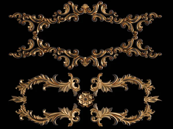 Ornamento nero con patina d'oro su sfondo nero. Isolato — Foto Stock