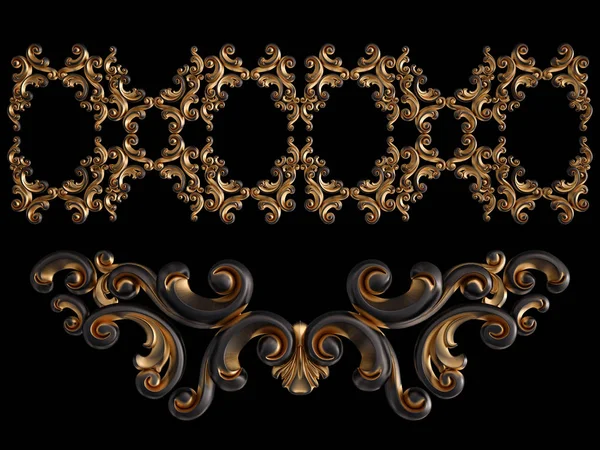 Black ornament with gold patina on a black background. Isolated — Stock Photo, Image