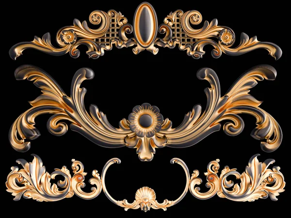 Ornamento nero con patina d'oro su sfondo nero. Isolato — Foto Stock