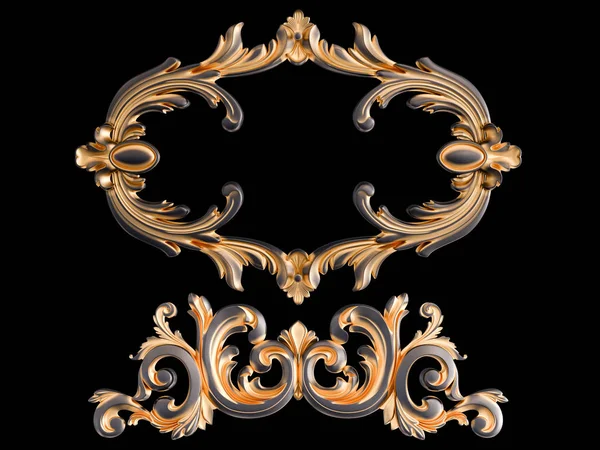 Zwarte ornament met gouden patina op een zwarte achtergrond. Geïsoleerd — Stockfoto