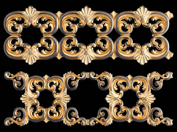 Ornamento nero con patina d'oro su sfondo nero. Isolato — Foto Stock