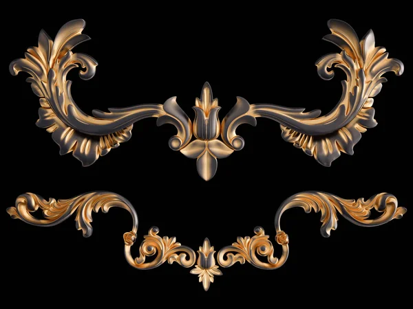 Ornamento nero con patina d'oro su sfondo nero. Isolato — Foto Stock