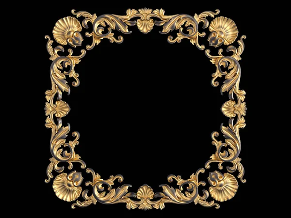 Ornamento preto com pátina dourada em um fundo preto. Isolados — Fotografia de Stock