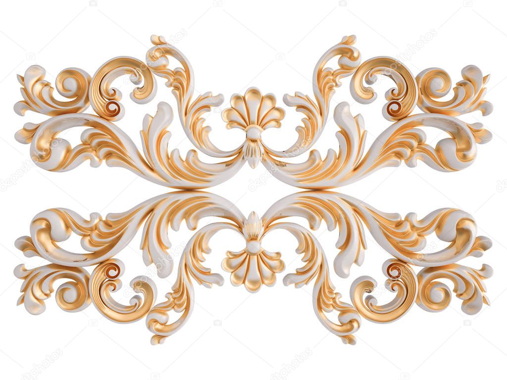 White ornament with gold patina on a white background. Isolated