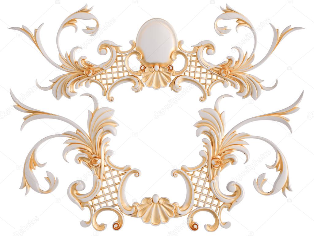 White ornament with gold patina on a white background. Isolated