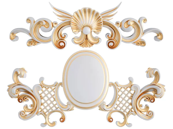 Ornamento bianco con patina d'oro su sfondo bianco. Isolato — Foto Stock