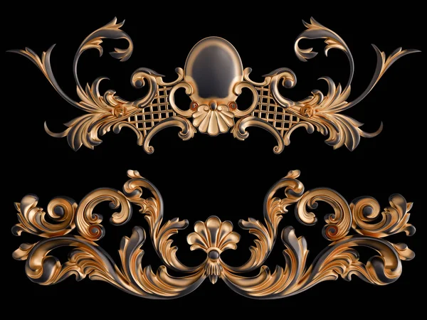 Zwarte ornament met gouden patina op een zwarte achtergrond. Geïsoleerd — Stockfoto