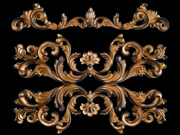 Ornamento nero con patina d'oro su sfondo nero. Isolato — Foto Stock