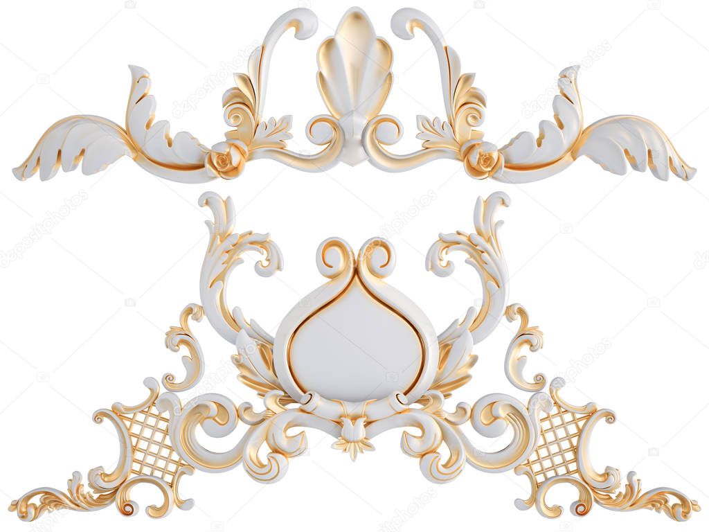 White ornament with gold patina on a white background. Isolated