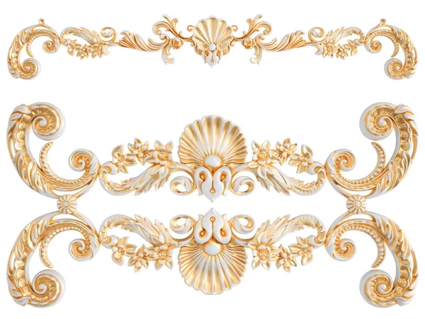 Ornamento branco com pátina dourada em um fundo branco. Isolados — Fotografia de Stock