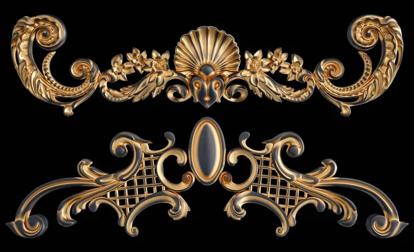 Zwarte ornament met gouden patina op een zwarte achtergrond. Geïsoleerd — Stockfoto