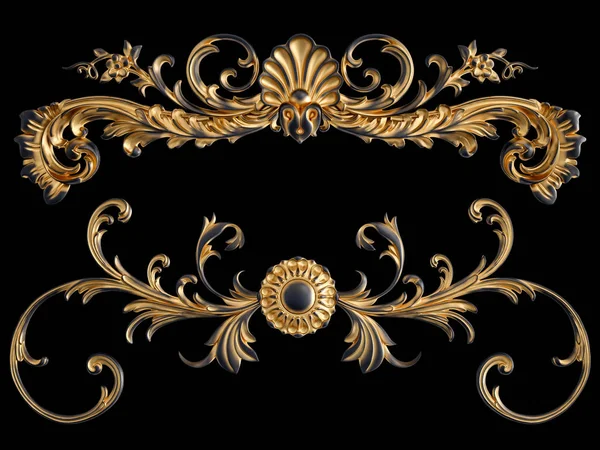 Ornamento nero con patina d'oro su sfondo nero. Isolato — Foto Stock