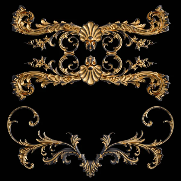 Ornamento nero con patina d'oro su sfondo nero. Isolato — Foto Stock