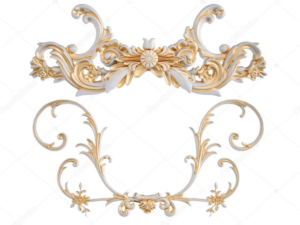 White ornament with gold patina on a white background. Isolated