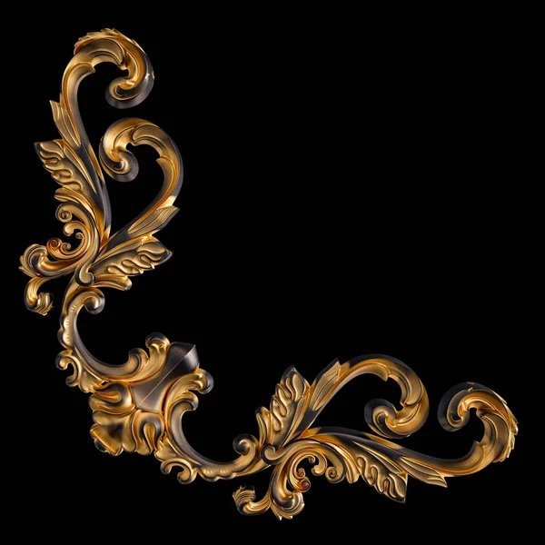 Zwarte ornament met gouden patina op een zwarte achtergrond. Geïsoleerd — Stockfoto