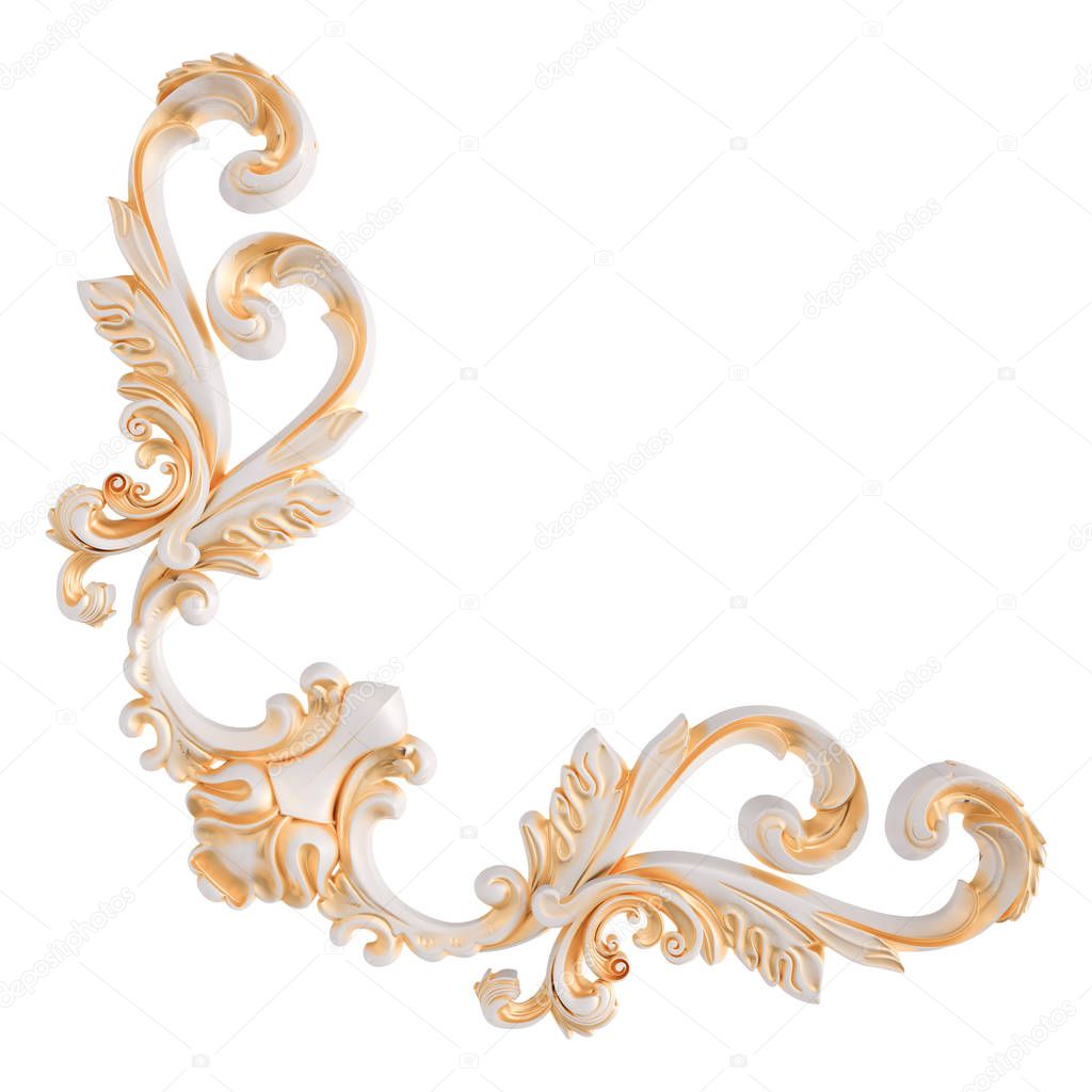 White ornament with gold patina on a white background. Isolated