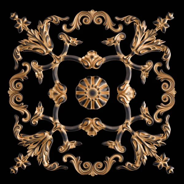 Black ornament with gold patina on a black background. Isolated — Stock Photo, Image