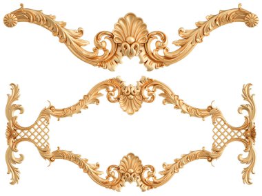 Beyaz arkaplandaki altın süslemeler kusursuz desen. Lüks oymacılık. İzole edilmiş