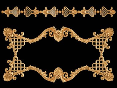 Siyah arkaplandaki altın süslemeler kusursuz desen. Lüks oymacılık. İzole edilmiş