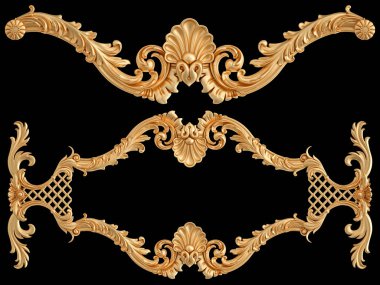 Siyah arkaplandaki altın süslemeler kusursuz desen. Lüks oymacılık. İzole edilmiş