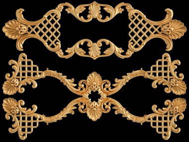 Siyah arkaplandaki altın süslemeler kusursuz desen. Lüks oymacılık. İzole edilmiş