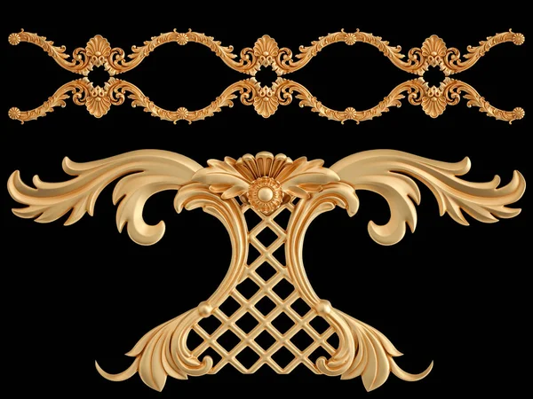 Arany díszítő szegmensek zökkenőmentes minta a fekete háttér. luxus faragás dekoráció. Elszigetelt — Stock Fotó