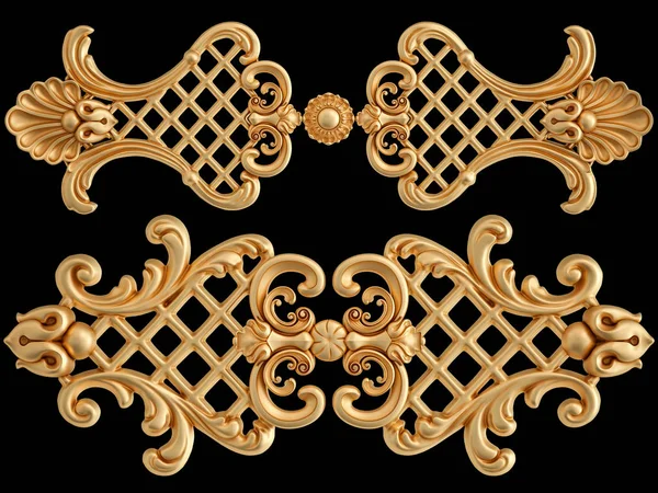 Złote segmenty ozdobne bezszwowy wzór na czarnym tle. luksusowe dekoracje rzeźbiarskie. Izolacja — Zdjęcie stockowe