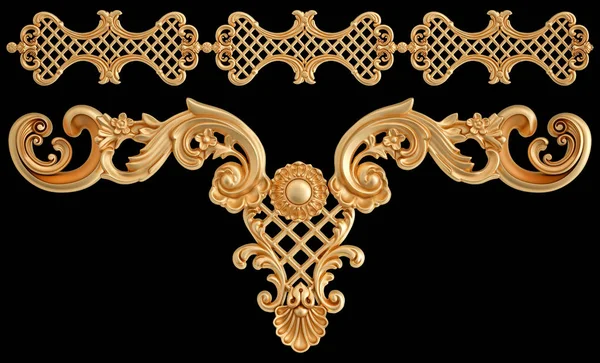 Segmentos ornamentales dorados patrón sin costura sobre un fondo negro. decoración de talla de lujo. Aislado —  Fotos de Stock