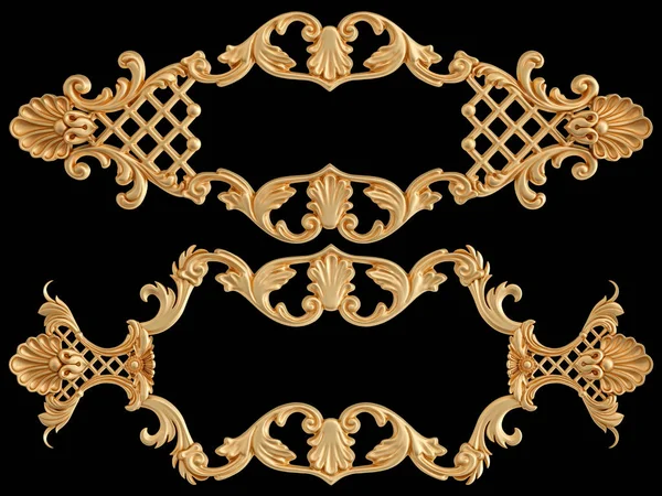 Χρυσά διακοσμητικά τμήματα χωρίς ραφή μοτίβο σε μαύρο φόντο. πολυτελή γλυπτική διακόσμηση. Μεμονωμένα — Φωτογραφία Αρχείου