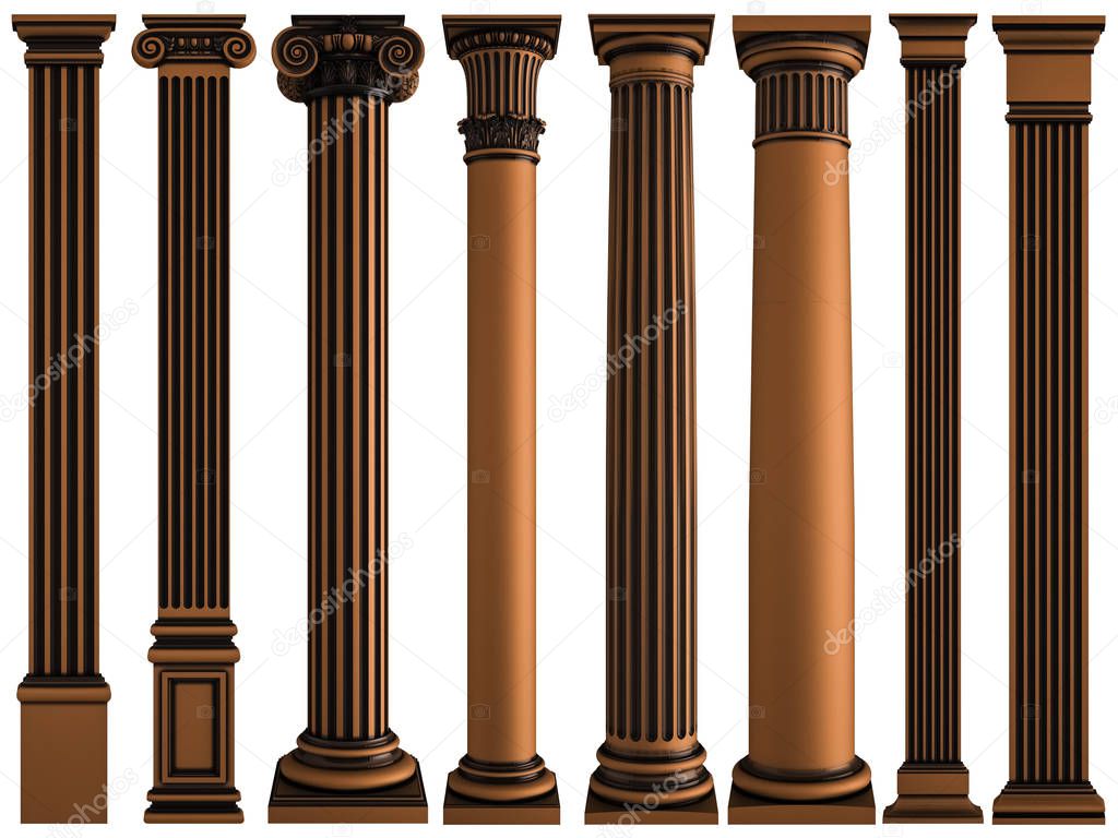 Bronze columns on a white background. Isolated