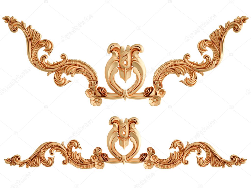 Golden ornamental segments seamless pattern on a white background. luxury carving decoration. Isolated. 3D illustration