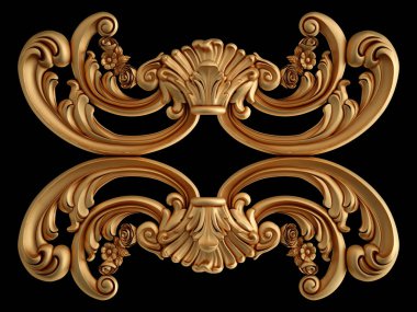 Altın süslemeler, siyah arka planda kusursuz desenler. Lüks oymacılık. İzole edilmiş. 3d illüstrasyon