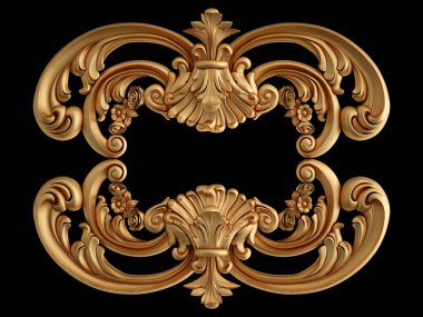 Altın süslemeler, siyah arka planda kusursuz desenler. Lüks oymacılık. İzole edilmiş. 3d illüstrasyon