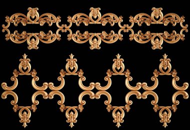 Altın süslemeler, siyah arka planda kusursuz desenler. Lüks oymacılık. İzole edilmiş. 3d illüstrasyon