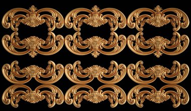 Altın süslemeler, siyah arka planda kusursuz desenler. Lüks oymacılık. İzole edilmiş. 3d illüstrasyon